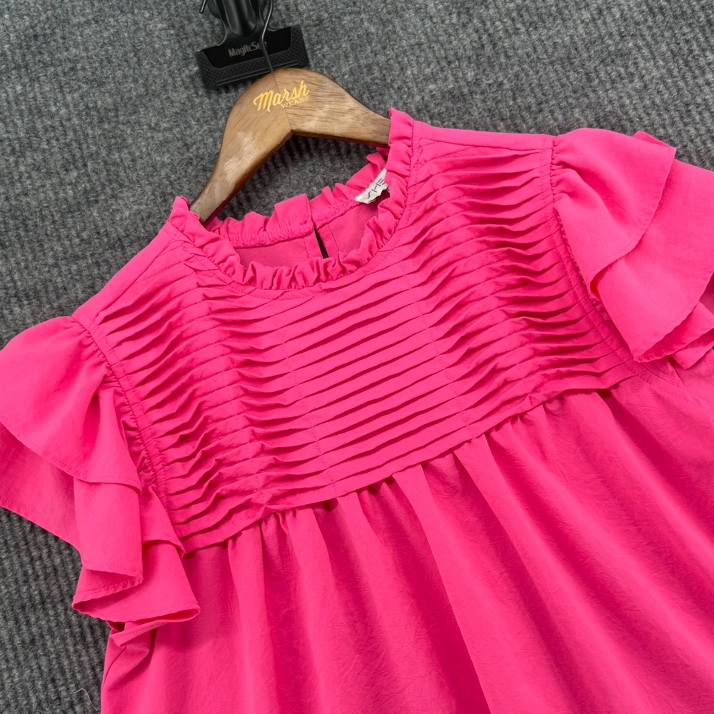She + Sky Blouse Womens L Pink Excellent Pleated Ruffle Sleeve Babydoll Top